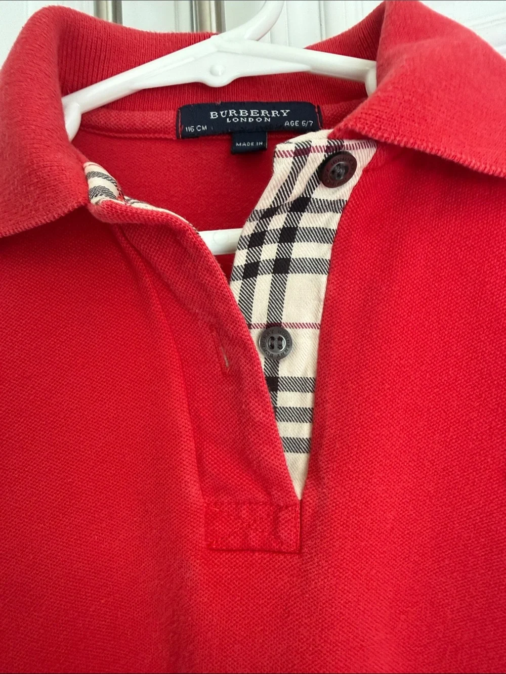 Burberry Kids Red Polo with ruffles with Check Placket